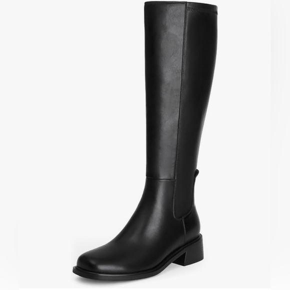 Knee High Faux Leather Elastic Low Heel Square Toe Side Zipper Tall Boots Size 9 - Picture 2 of 9